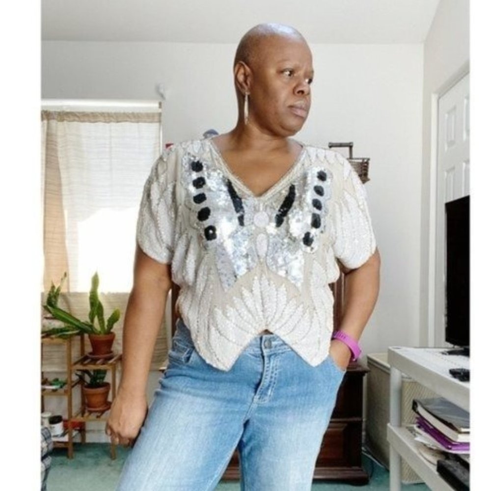 Vintage 80s Thums Up Beaded Butterfly Top Size  XL